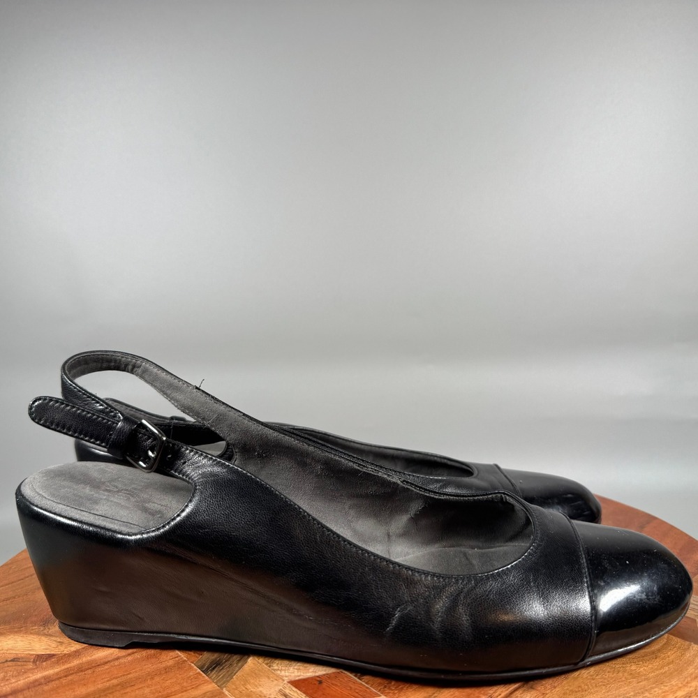 Stuart Weitzman Womens Black Leather Patent Cap Toe Slingback Wedge Shoes 10M
